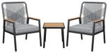 Salon de jardin, 3 pièces - Groupe de sièges en polyrotin - 2 fauteuils avec coussins - Cadre en métal - Table en verre - Convient pour balcon et jardin - Noir/gris