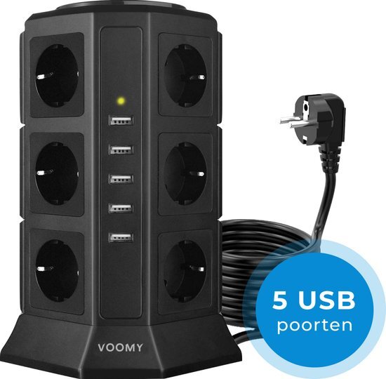 Voomy XL Stekkerdoos met Schakelaar - 5 USB Laders - 12 Stopcontacten