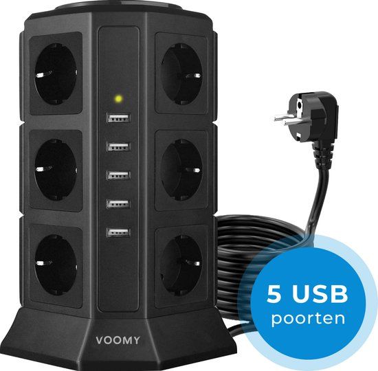 Voomy XL Stekkerdoos met Schakelaar - 12 Stopcontacten - 5 USB - Zwart