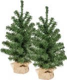 Everlands Mini kerstboompjes - 2x st - vert - 45 cm - in jute zak - kunstboom