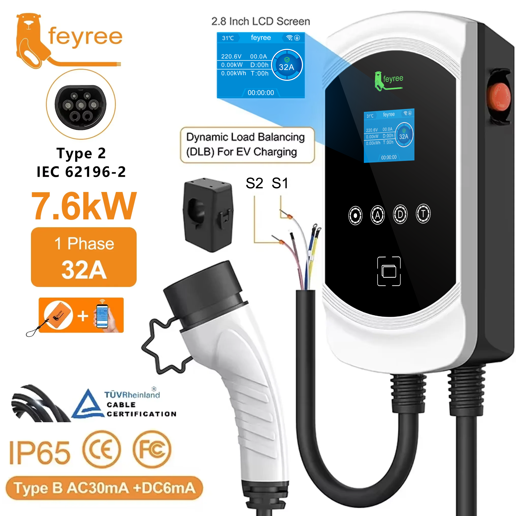 Feyree EV-oplader Type2-kabel 32A 7,6 kW dynamische belasting Blancing EVSE Wallbox APP-functie 11 kW 22 kW laadstation elektrische auto