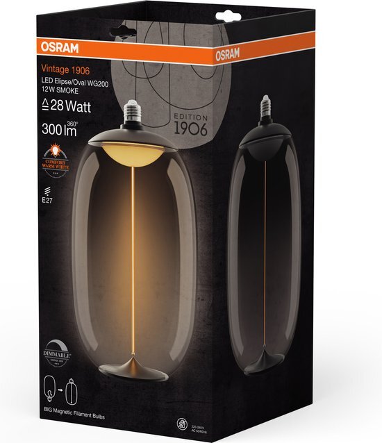 OSRAM Vintage 1906 Big Elipse Oval ist eine dimmbare LED-Lampe aus Kunststoff mit Filament in Ellipsenform. Sie bietet 12 W für 300 lm, E27 Fassung, Smoke Design, 200 mm Durchmesser, CRI 80, 1800 K.