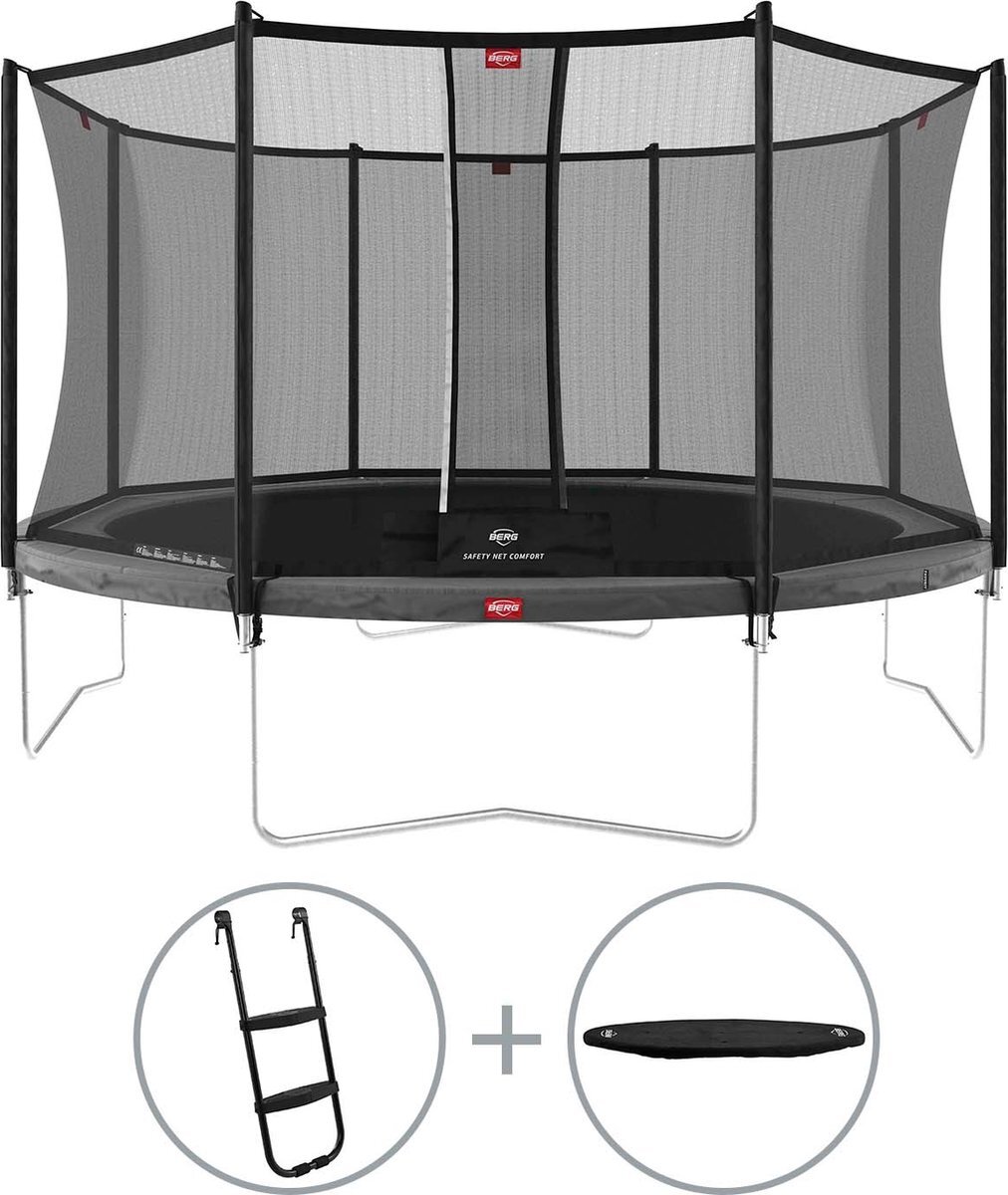 Berg Favorit ronde trampoline op poten 430cm met veiligheidsnet Comfort groen incl. ladder en afdekhoes