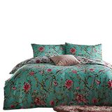 furn. Vintage Chinoiserie Dekbedovertrek en Kussensloop Set - Bloemen Exotische Vogel Omkeerbaar Beddengoed (Jade - Tweepersoons)