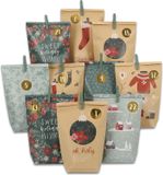 oCreon Adventskalender om te vullen - 24 groene en bruine bedrukte geschenkzakjes en 24 cijferstickers en klemmen - Groen motief