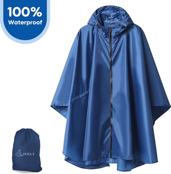 FOXLY® Regen Poncho Unisex met Rits - Fietsponcho - Dames & Heren - Waterdicht - Donkerblauw