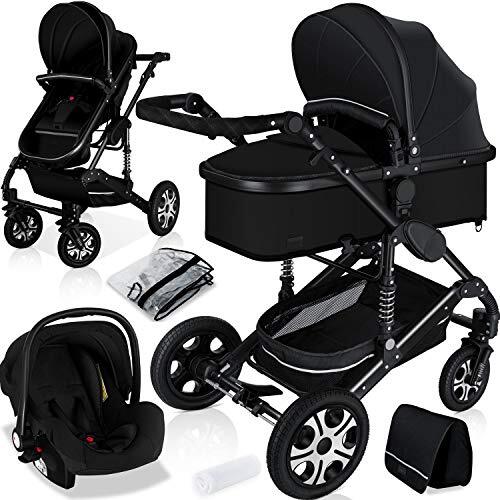 KESSER KESSER® Loops 3-in-1 kinderwagen, combi-kinderwagen, complete set inclusief Babykuipje & Buggy sportzitje & autozitje – volledig rubberen banden – luiertas/regenbescherming/kindertafelset, zwart/zwart