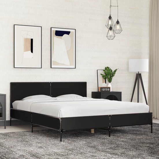 vidaXL Bedframe - Bewerkt Hout & Metaal - Zwart - 150x200 cm
