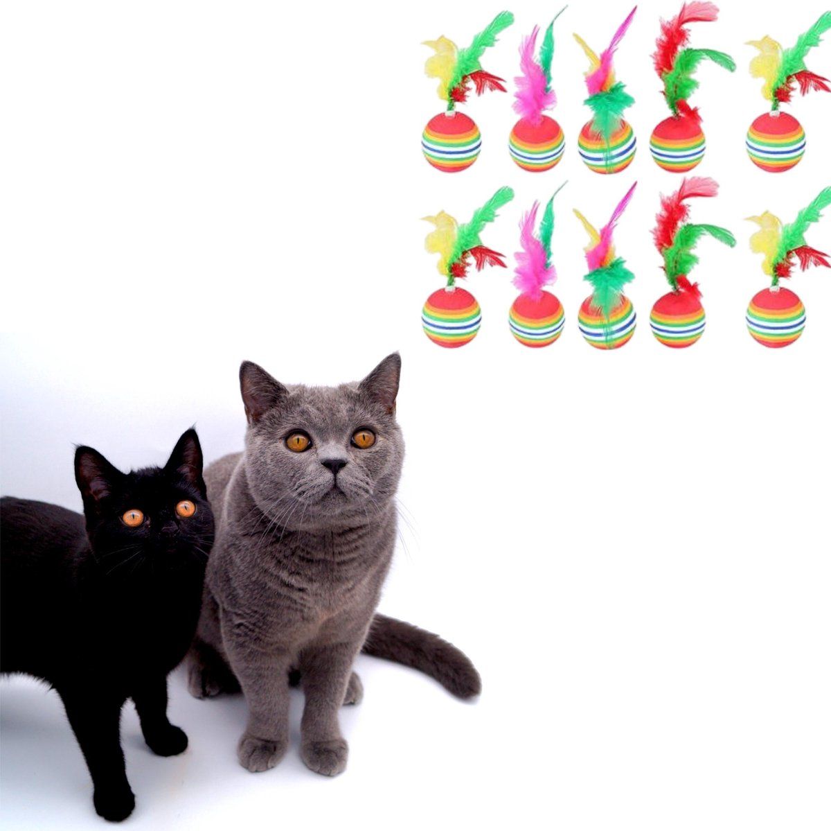 Make Me Purr Regenboog Ballen met Veer (10 stuks) - Kattenspeeltjes