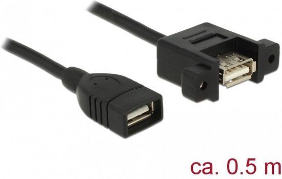 Delock USB 2.0 A Female naar USB 2.0 A Female Paneel-mount Kabel - 0.5m - Zwart