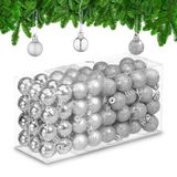 Relaxdays Kerstballen Set van 96, Mat, Glanzend en met Glitters, Kunststof, 3 cm, Zilver