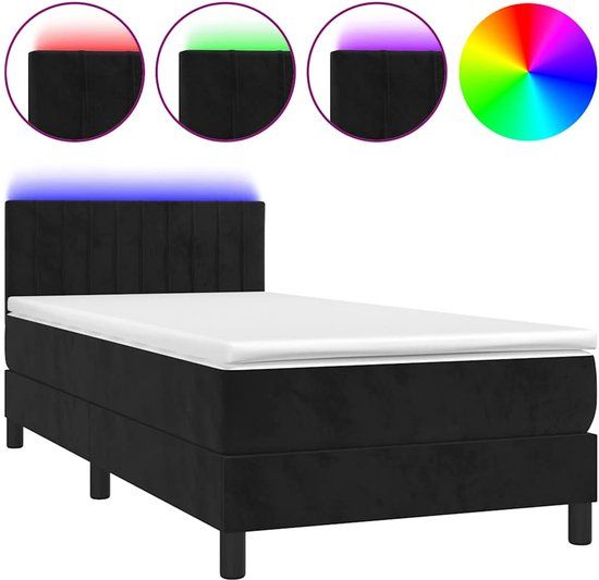 vidaXL Boxspring met Matras en LED Fluweel Zwart 90x200 cm