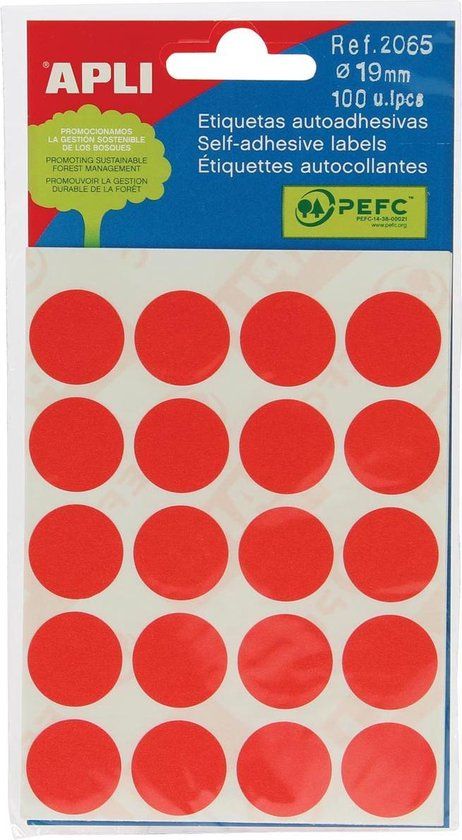 Apli ronde etiketten in etui diameter 19 mm, rood, 100 stuks, 20 per blad