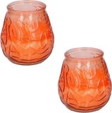 arti casa Citronella Set van 4x stuks citronella lowboy tuin kaarsen in oranje glas - 10 cm - 15 branduren