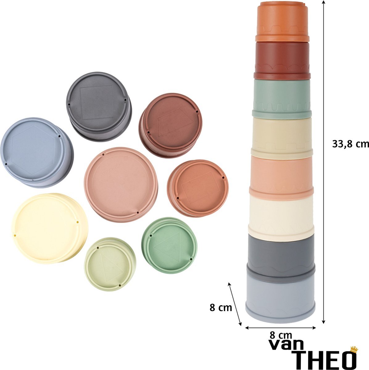 van Theo van Theo® Stapeltoren - Stapelbekers - Baby Speelgoed vanaf 0 jaar - Zand Strand Bad Box - Stacking Cups - 8 Kleuren en Vormen - Pastel