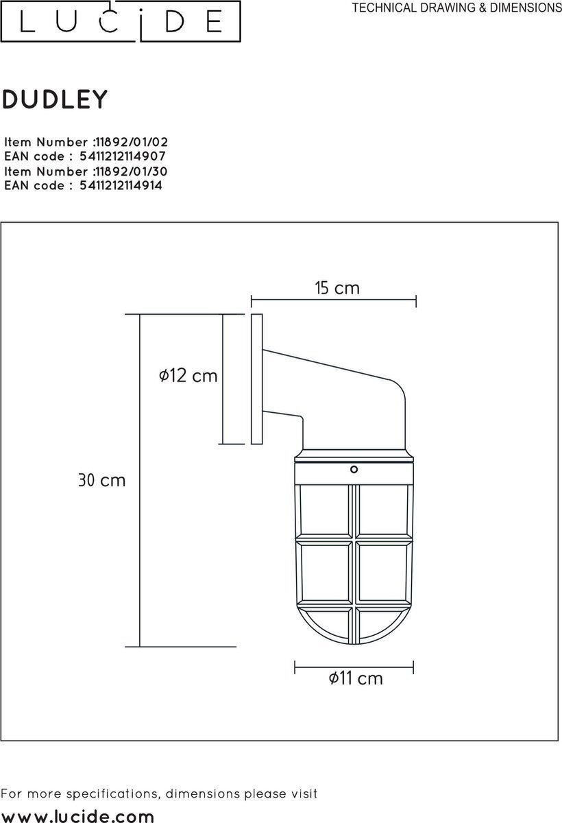 Lucide DUDLEY - Wandlamp Buiten - 1xE27 - IP44 - Zwart