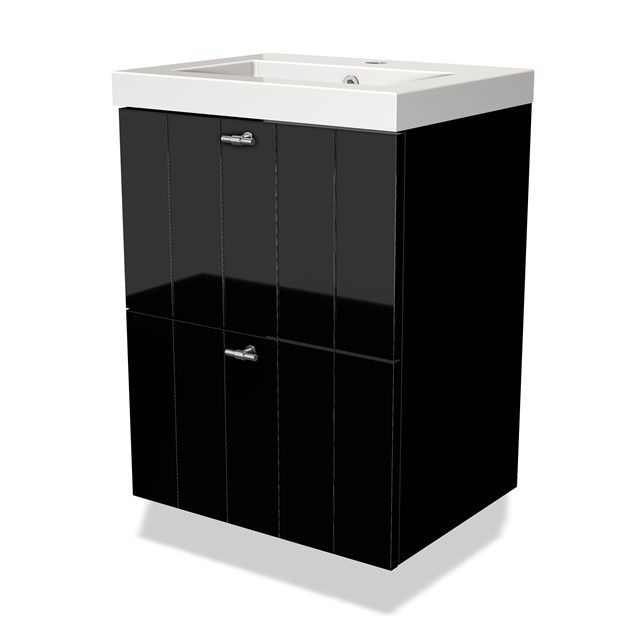 Maxaro Badkamermeubel 50cm Modulo Slim Hoogglans Zwart 2 Lades Lamel Wastafel Mineraalmarmer - 6095825724785