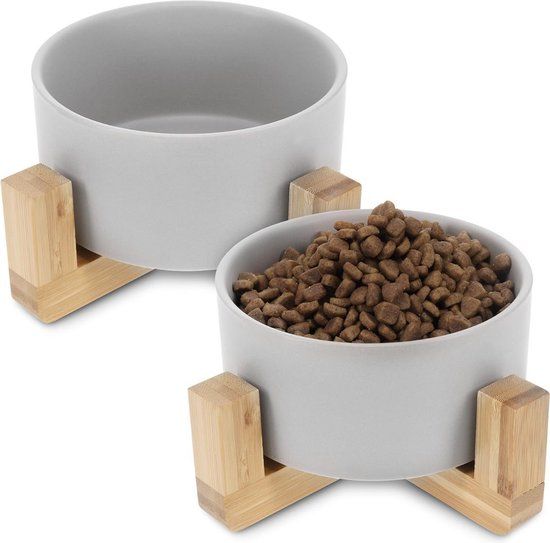 Navaris 2-delige voerbakset voor katten en honden - Keramiek en bamboe - Grijs