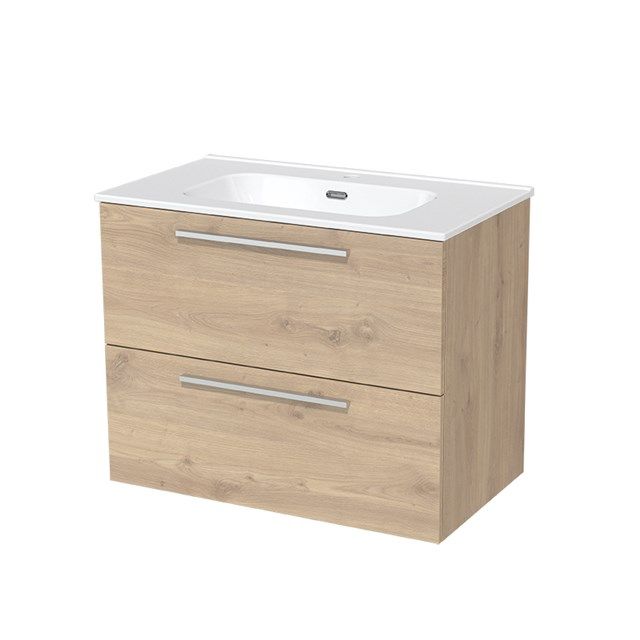 Maxaro Badkamermeubel 80cm Modulo Lichtbruin Eiken 2 lades Vlak Wastafel Keramiek