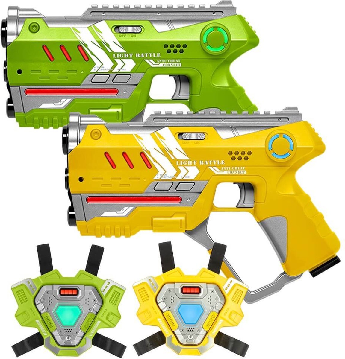 Light Battle Connect Laserguns Geel/Groen + 2 Connect Vesten - Laserpistolen met unieke Anti-Cheat functie - Lasergame set voor 2 spelers