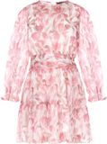 Faina Jurk met bloemenprint, lange mouw, ronde hals, kort, volant, A-lijn, roze veelkleurig, polyester, chiffon, met voering, rits, feest, vrouwen, volwassenen