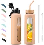 Elzusha - Bouteille d'eau en verre avec paille et 2 couvercles 900ml