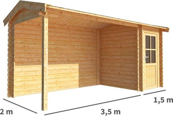 Merkloos Blokhut met overkapping Fenna 500 cm bij 200 cm diep Zadeldak bruin