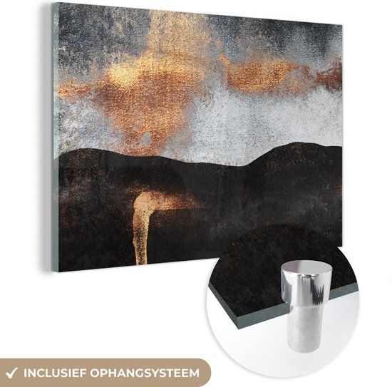 MuchoWow® Glass Painting 60x40 cm - Acrylic Glass Painting - Abstract - Gold - Chic - Black - Grey - Photo on Glass - Wall Decoration Living Room - Wall Decoration Bedroom - Paintings