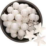 Decoris Kerstballen en sterren ornamenten - 43x stuks - kunststof - wit
