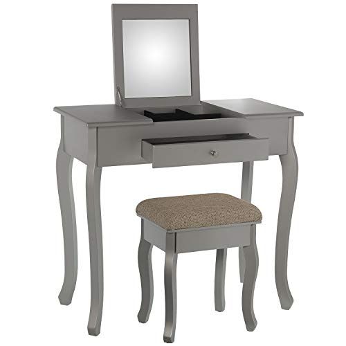 DRW make-uptafel met 1 lade en spiegel hout in zilver 80 x 40 x 74 cm, bank 36,5 x 29 x 46 cm