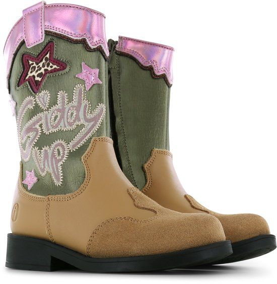 Shoesme Cognac Cowboylaars - Laarzen Kinderen - Meisjes - Cognac Green Pink - Microfiber leer - Maat 30