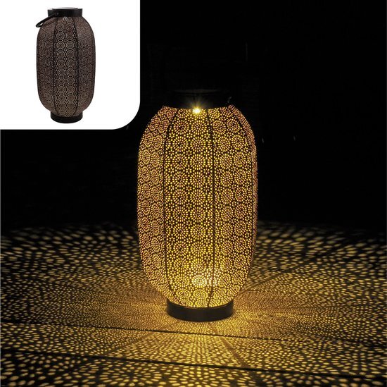 Gadgy Solar Lantaarn Bloem groot – zwart/goud – metaal - Solar tuinverlichting op zonneenergie – Led buitenverlichting met dag/nacht sensor – Tafellamp / Tuinlantaarn - 36 x Ø20 cm