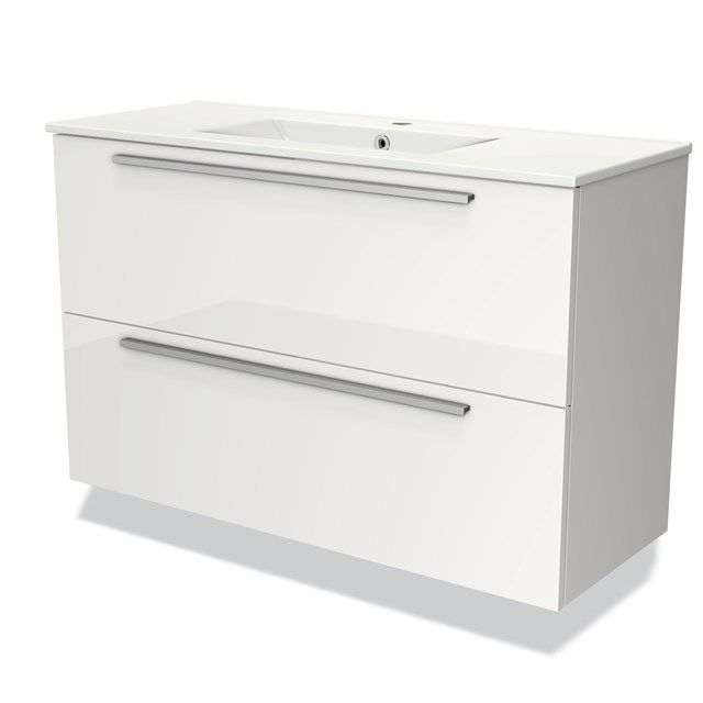 Maxaro Badkamermeubel 100cm Modulo Slim Hoogglans Wit 2 Lades Vlak Wastafel Keramiek