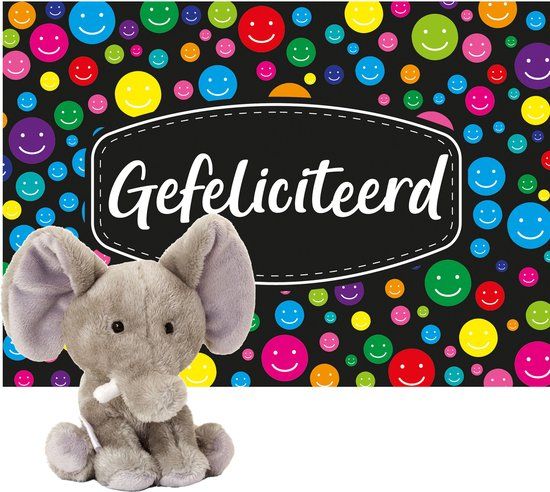 Keel Toys Pluche Olifant Knuffel - 14 cm - Grijs - Met Gefeliciteerd A5 Wenskaart