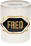 Bellatio Decorations Shoppartners Bv Spaarpot met voornaam Fred - wit - met goud/zwart embleem - 8 x 9 cm - keramiek - met afsluitdop - cadeau verjaardag