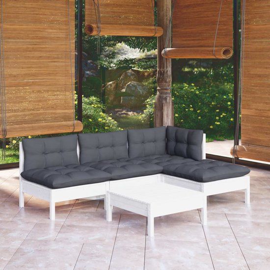 The Living Store Loungeset - Grenenhout - Wit - 63.5 x 63.5 x 62.5 cm - Antraciet kussen