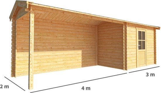 Merkloos Blokhut met overkapping Fenna 700 cm bij 200 cm diep Zadeldak bruin