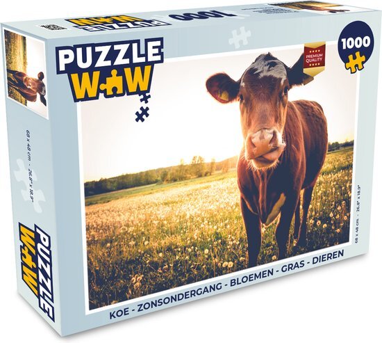 MuchoWow Puzzel Koe - Zonsondergang - Bloemen - Gras - Dieren - Legpuzzel - Puzzel 1000 stukjes volwassenen - Sinterklaas cadeautjes - Sinterklaas voor grote kinderen