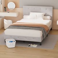Lit rembourré, 120x200 cm, avec rangement - sommier à lattes inclus et tête de lit grise douce, idéal pour les petites chambres