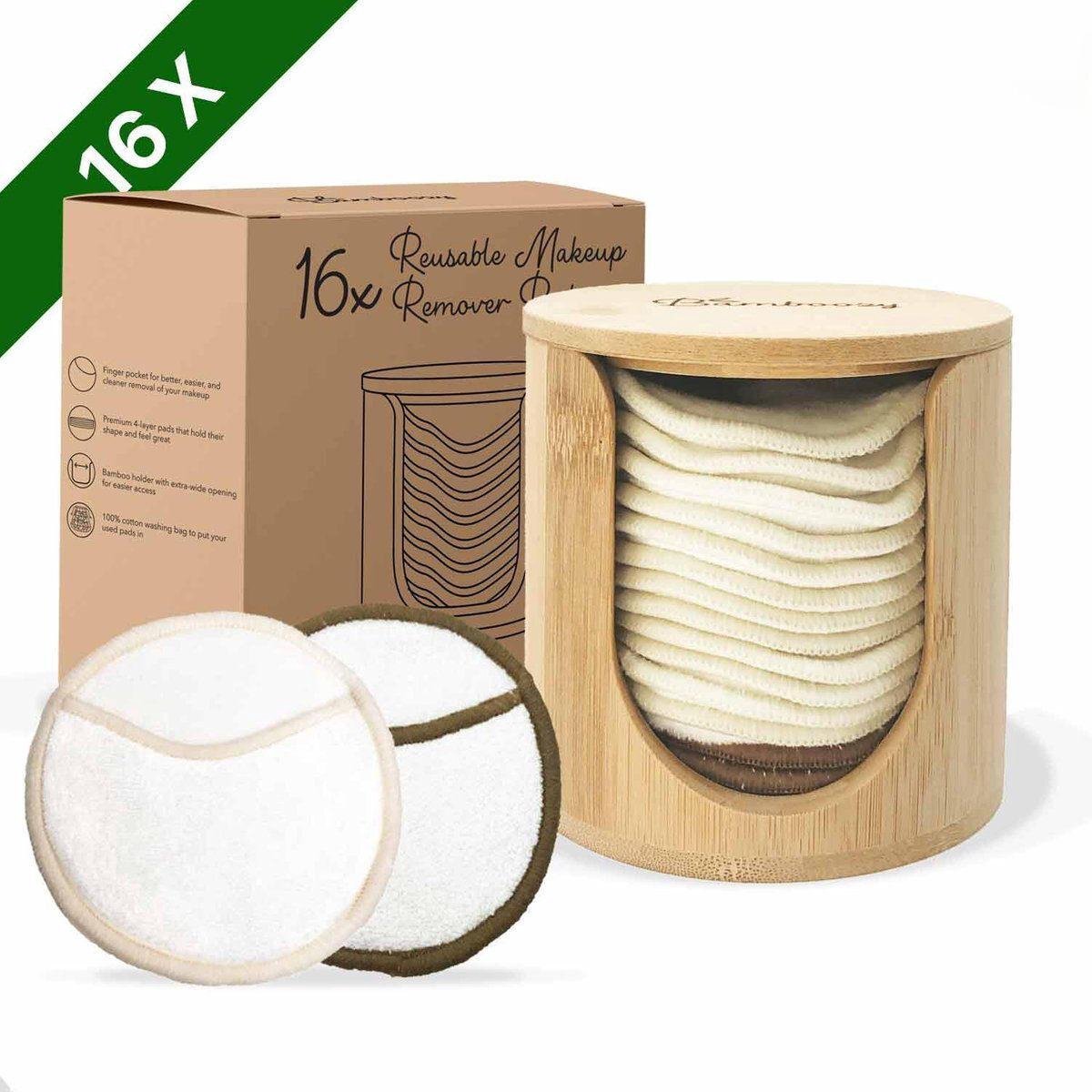 Bamboozy 16 Herbruikbare Wattenschijfjes + Bamboe Houder - 12x Dagelijks 4x Scrub 4 laags - Wasbare Wattenschijfjes Makeup Pads Zero Waste