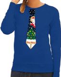 Bellatio Decorations Foute kersttrui - sweater - met stropdas kerst print - blauw - voor dames XL