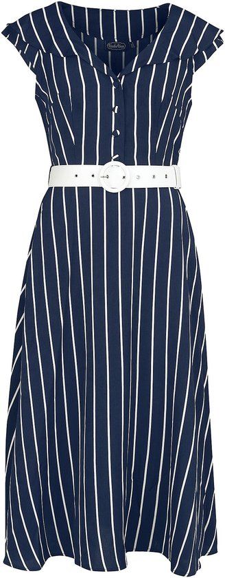 Voodoo Vixen Stripe Wide Collar Midi Flare Dames Midi-jurk - blauw/wit - XXL