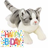 Nature Planet Pluche knuffel grijs/witte kat/poes van 33 cm met A5-size Happy Birthday wenskaart - Verjaardag cadeau setje