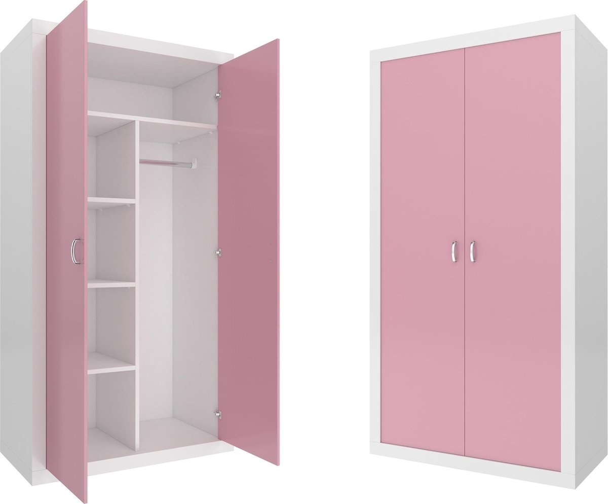 Viking Choice Kledingkast - 90x190x50 cm - wit/roze - 5 schappen - 2 deuren