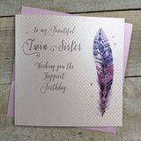 WHITE COTTON CARDS B216-TS Twin Sister Verjaardagskaart - Handgemaakte Kaart - Versierd Veer, Grijs|Groen|zwart