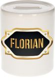 Bellatio Decorations Shoppartners Bv Spaarpot met voornaam Florian - wit - met goud/zwart embleem - 8 x 9 cm - keramiek - met afsluitdop - cadeau verjaardag