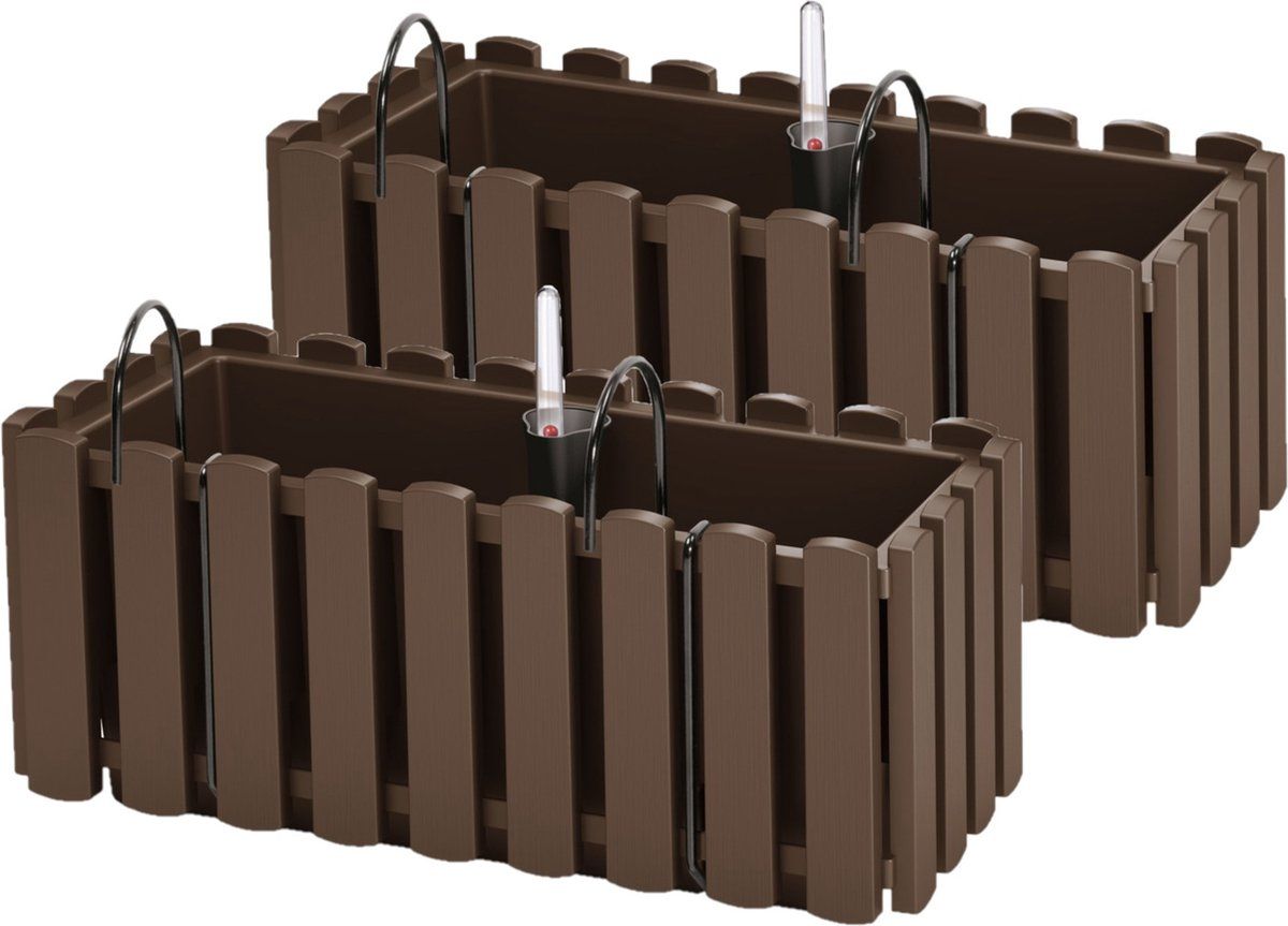 Prosperplast 2x Fence-Look Plantenbakken - 38x18x16cm - Houtbruin - Met Droogtemeter