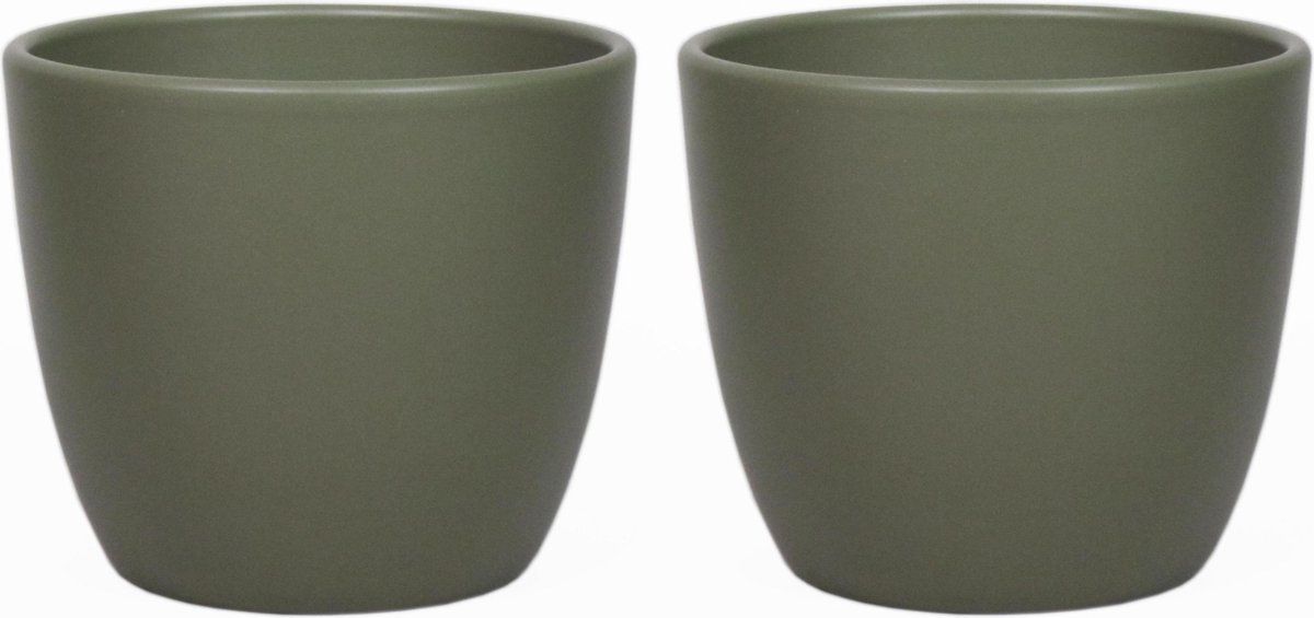 Floran 2x stuks bloempot mat dennen groen keramiek H17 x D19.5 cm