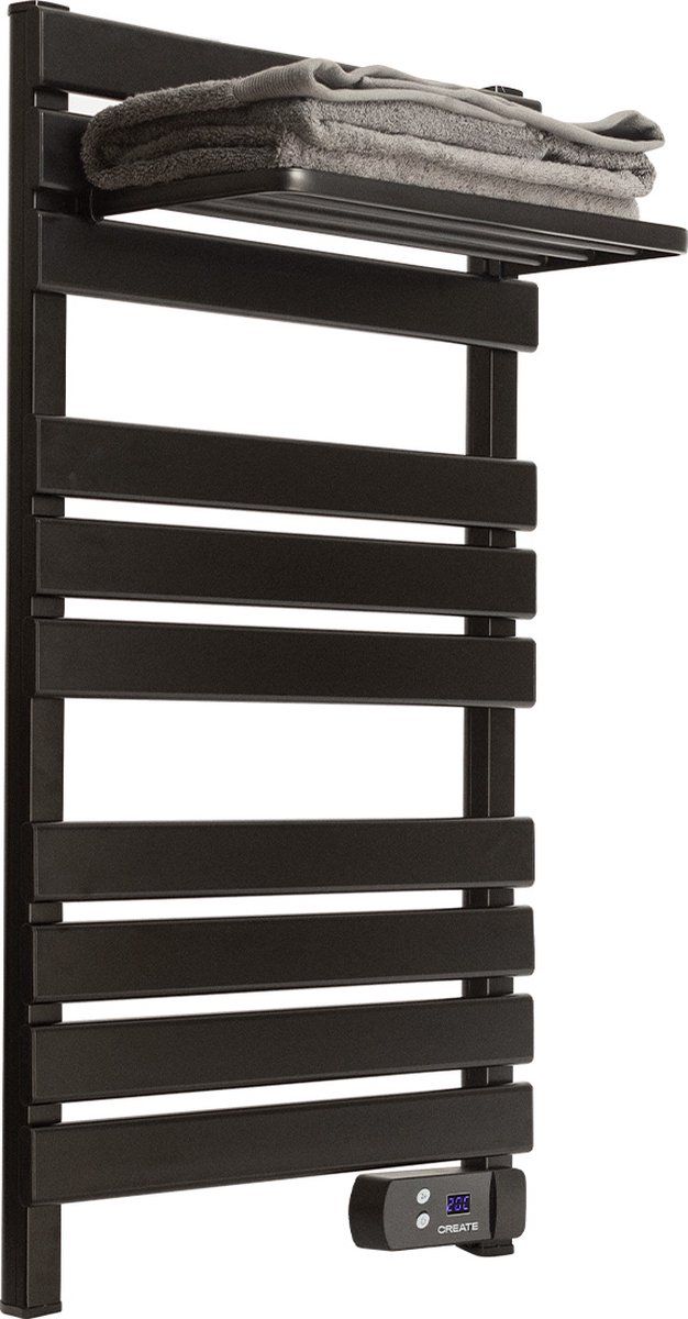 CREATE WARM TOWEL 500W - Elektrisch handdoekenrek voor aan de muur met plank - Zwart