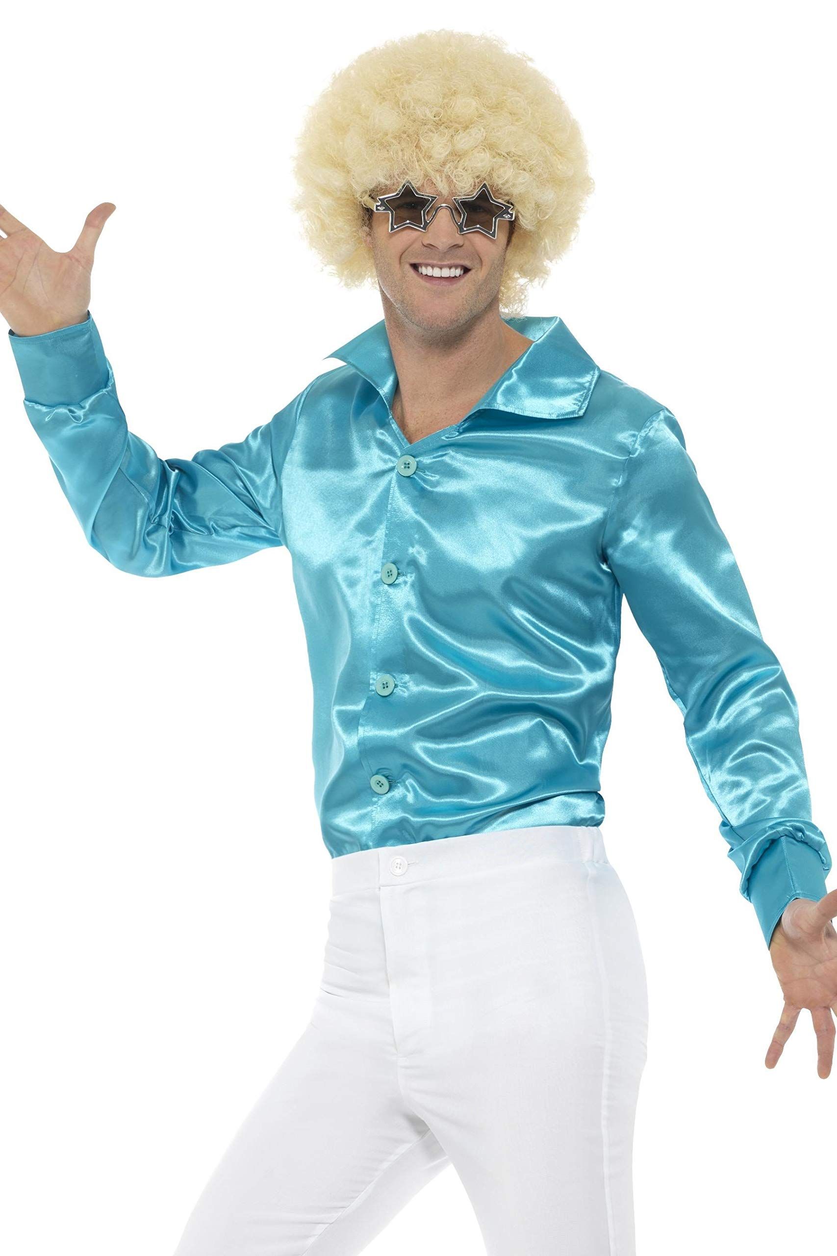 Generik Turquoise satijnachtige blouse voor mannen - Volwassenen kostuums